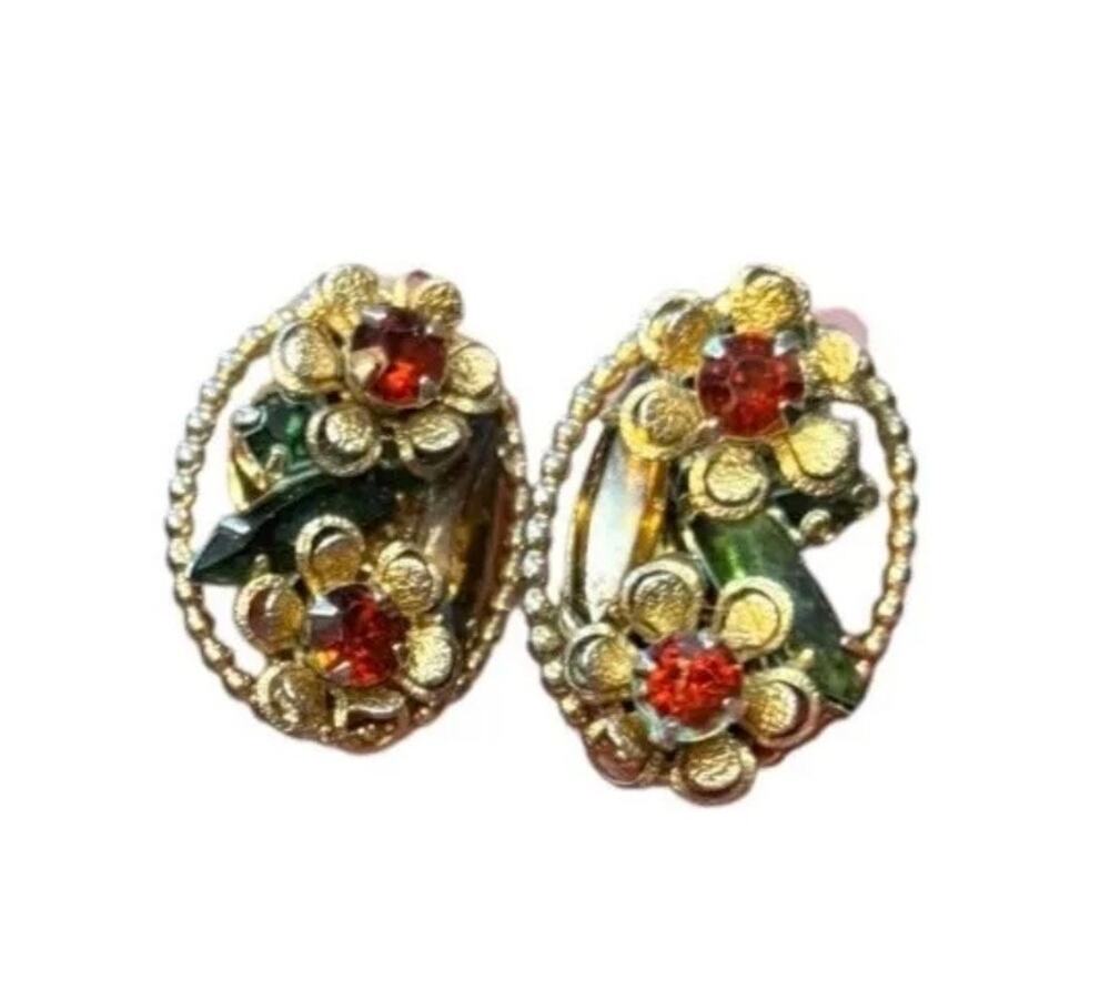 Vintage Floral Rhinestone Clip Earrings Gold Tone Red Green Retro